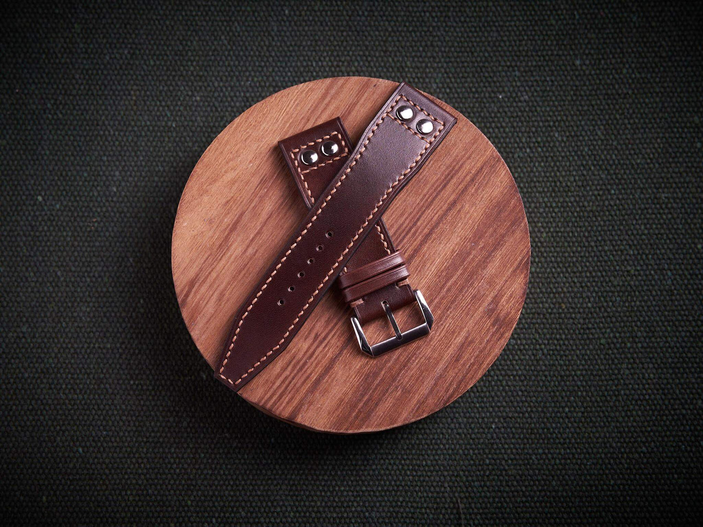 Dark brown veg tan leather rivet pilot strap. Customizable IWC strap.-2 Moons Leather