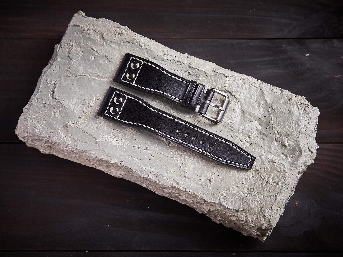 Black veg tan leather rivet pilot strap. Customizable IWC strap.-2 Moons Leather