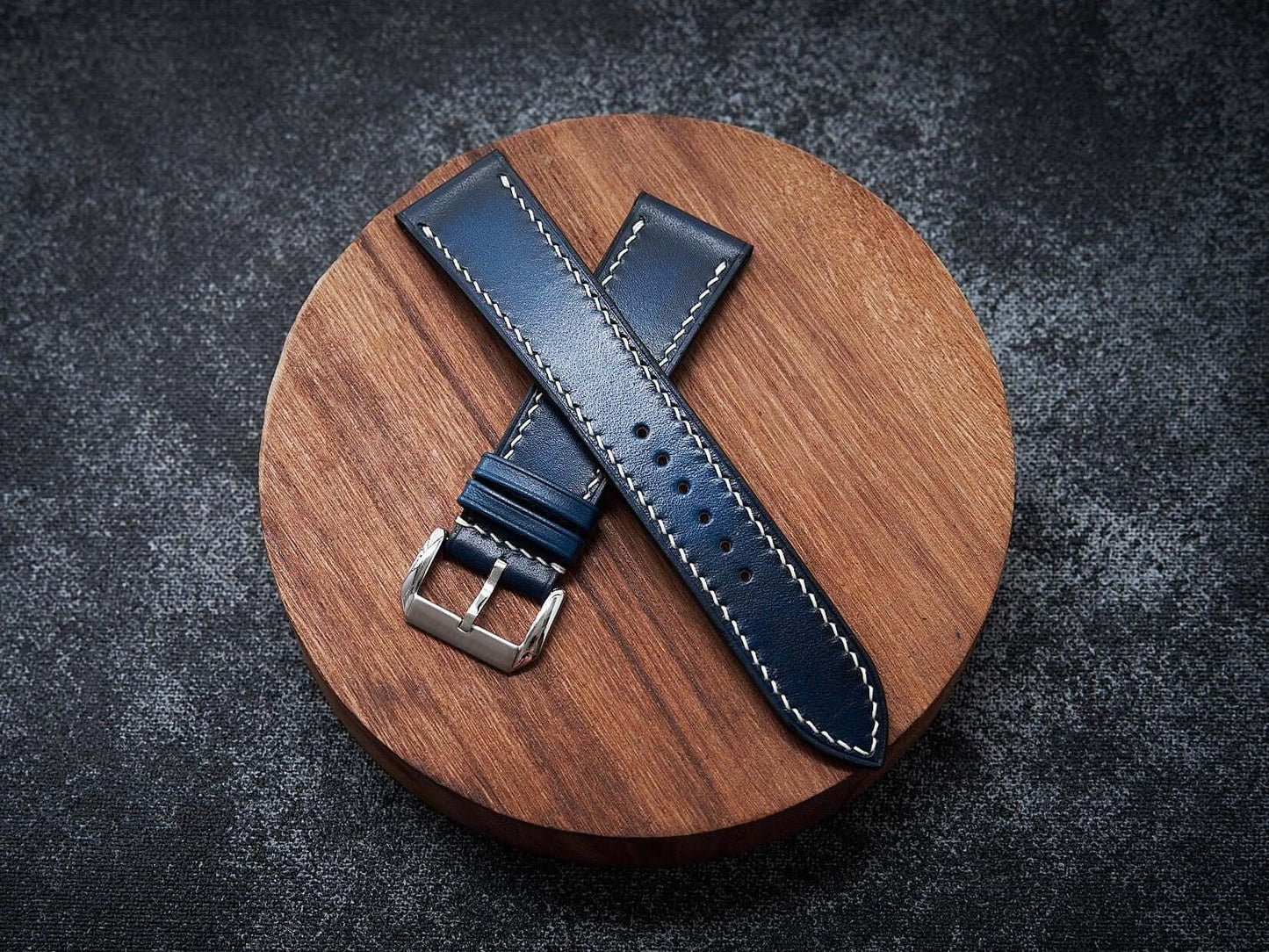 Blue leather watch strap. Customizable size and details.-2 Moons Leather