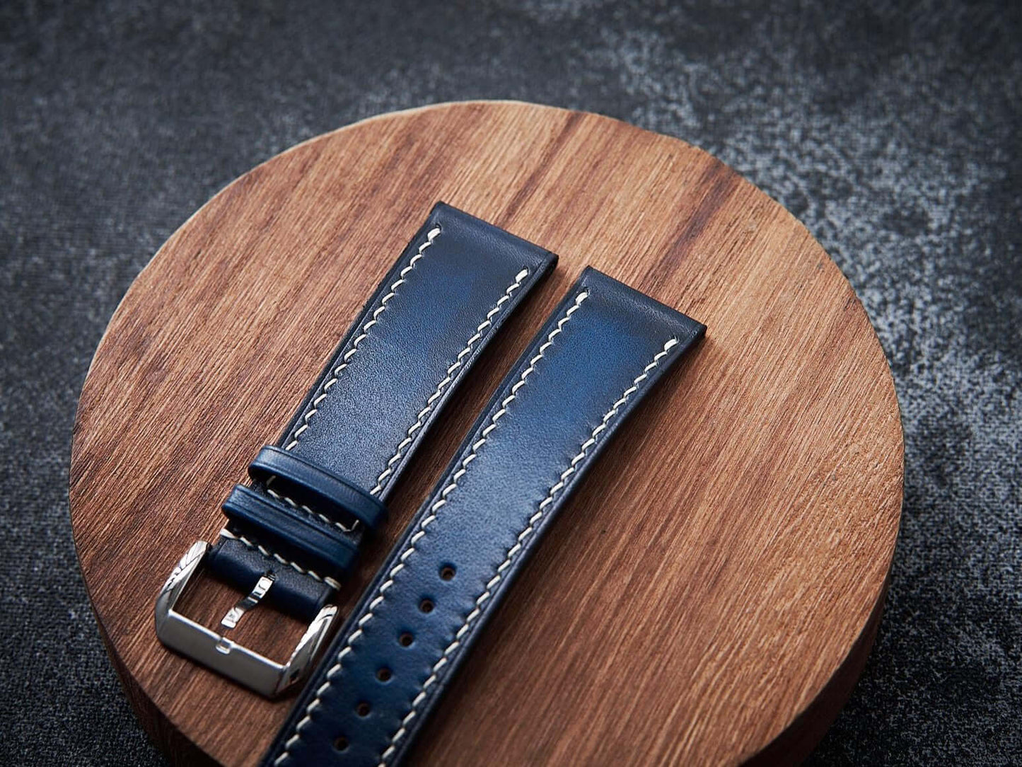 Blue leather watch strap. Customizable size and details.-2 Moons Leather