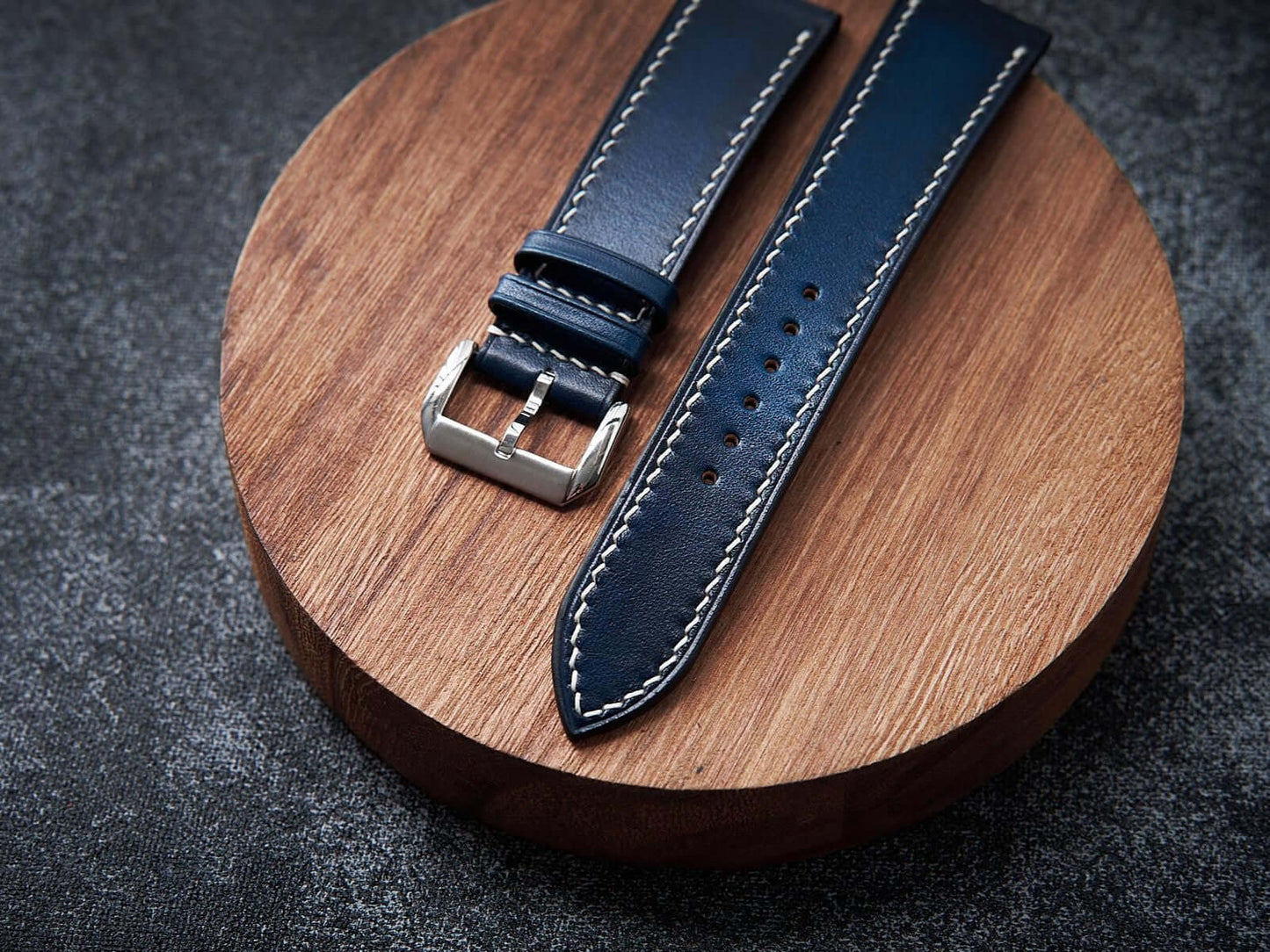 Blue leather watch strap. Customizable size and details.-2 Moons Leather