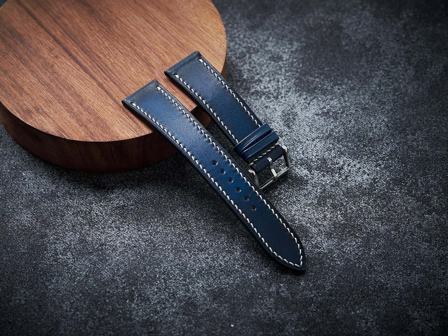 Blue leather watch strap. Customizable size and details.-2 Moons Leather