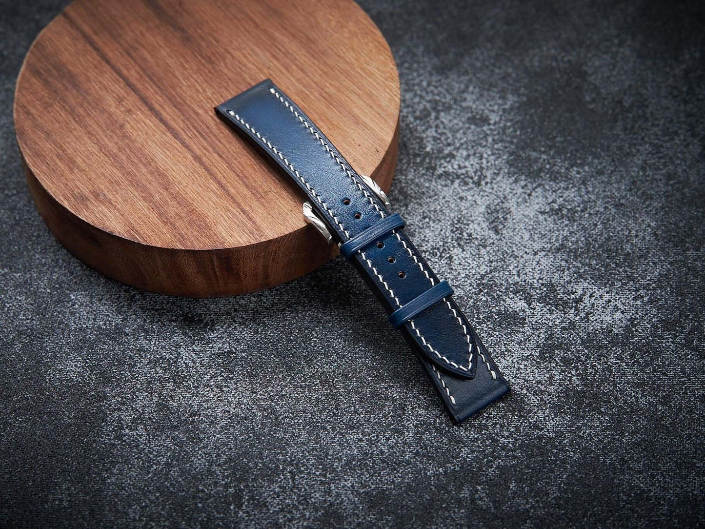 Blue leather watch strap. Customizable size and details.-2 Moons Leather