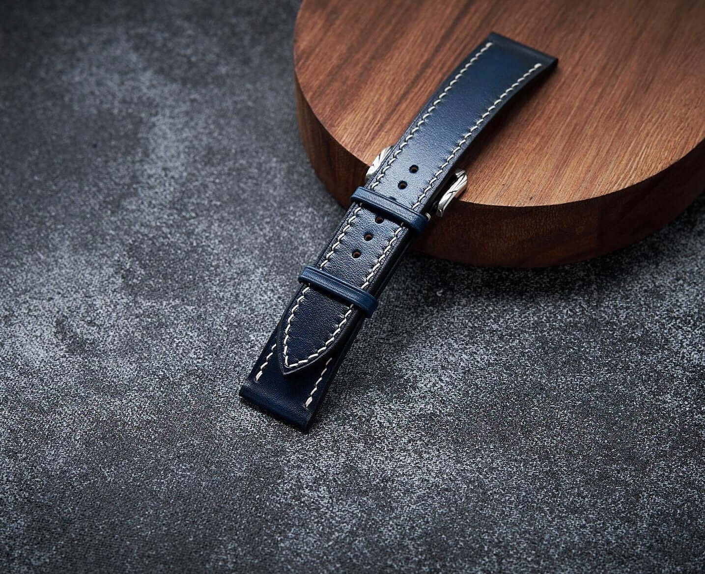 Blue leather watch strap. Customizable size and details.-2 Moons Leather