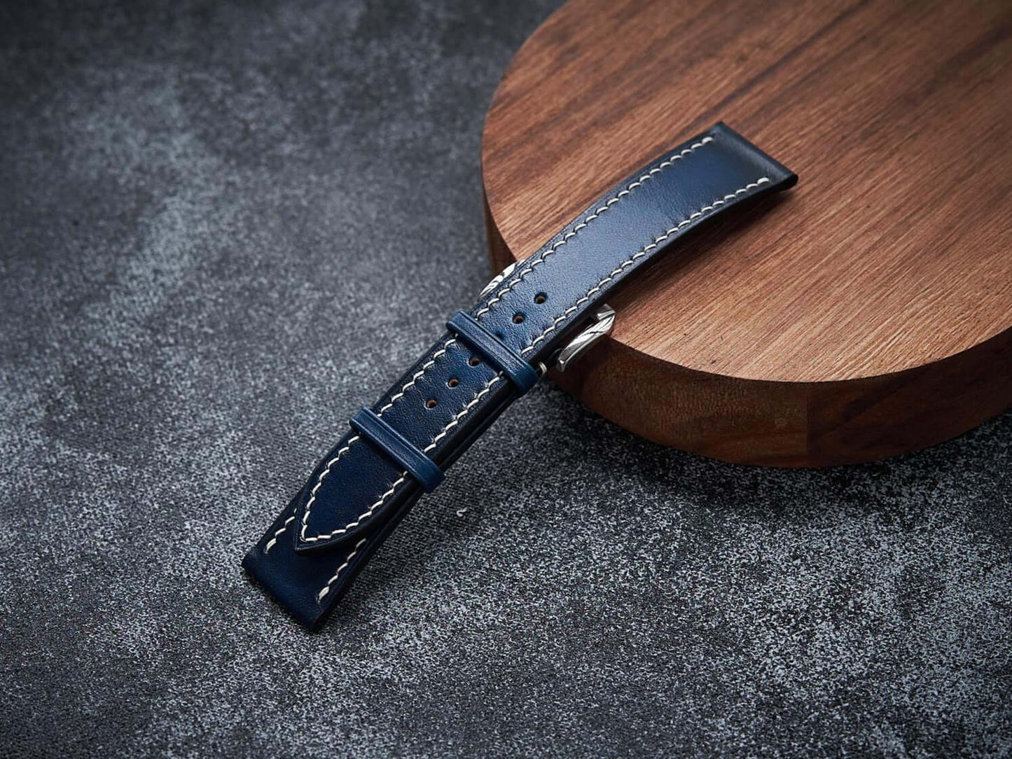 Blue leather watch strap. Customizable size and details.-2 Moons Leather