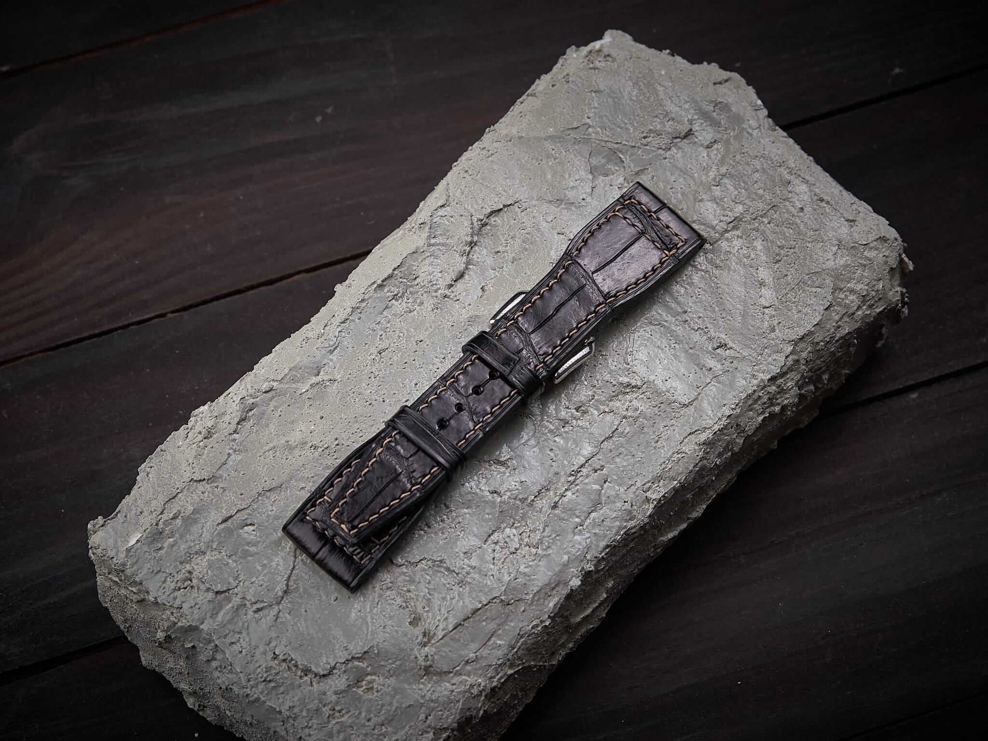 Black alligator leather pilot strap. Customizable IWC strap.-2 Moons Leather
