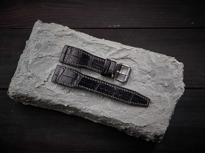 Black alligator leather pilot strap. Customizable IWC strap.-2 Moons Leather