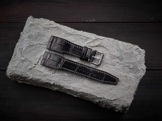 Black alligator leather pilot strap. Customizable IWC strap.-2 Moons Leather