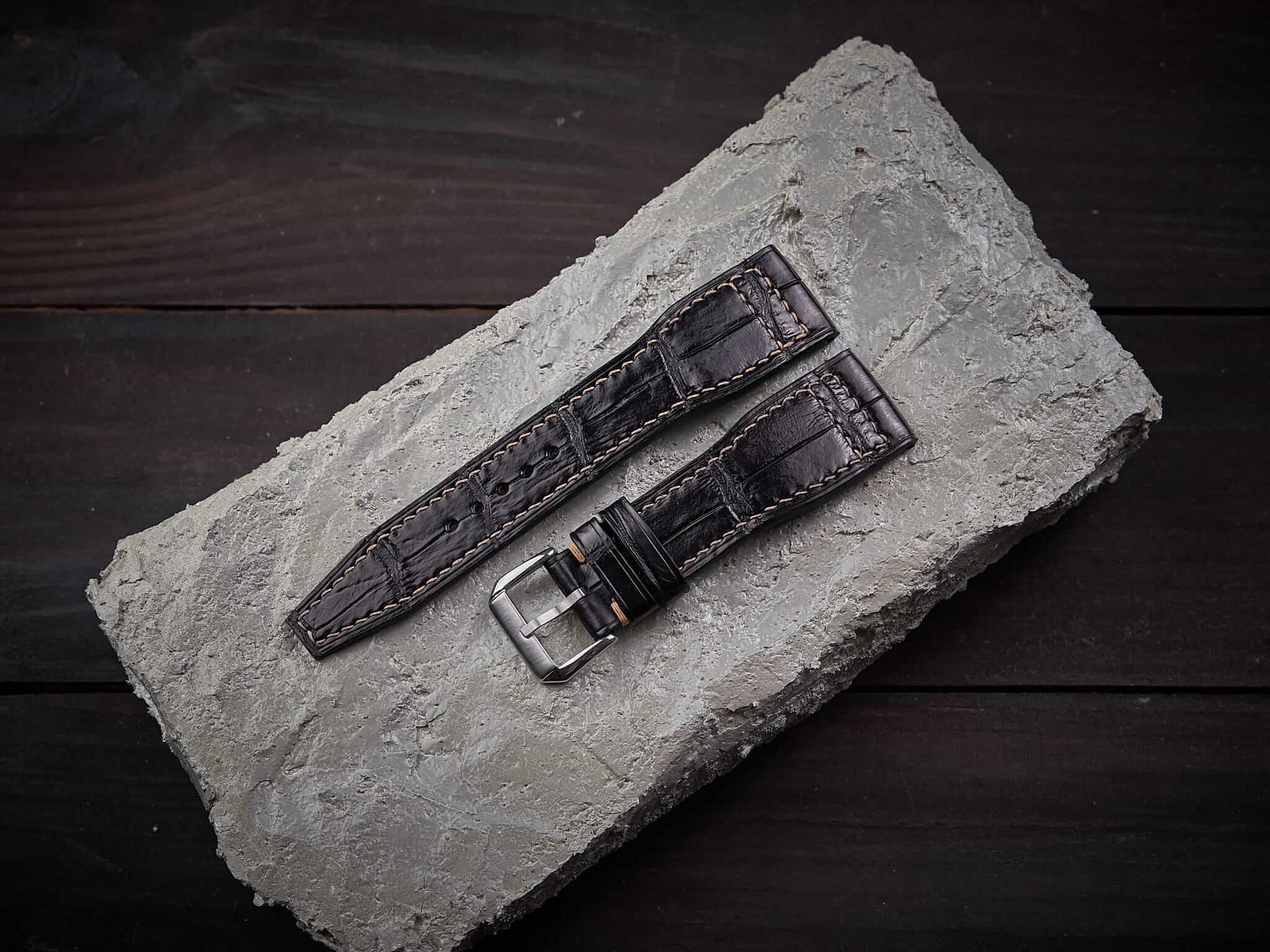 Black alligator leather pilot strap. Customizable IWC strap.-2 Moons Leather