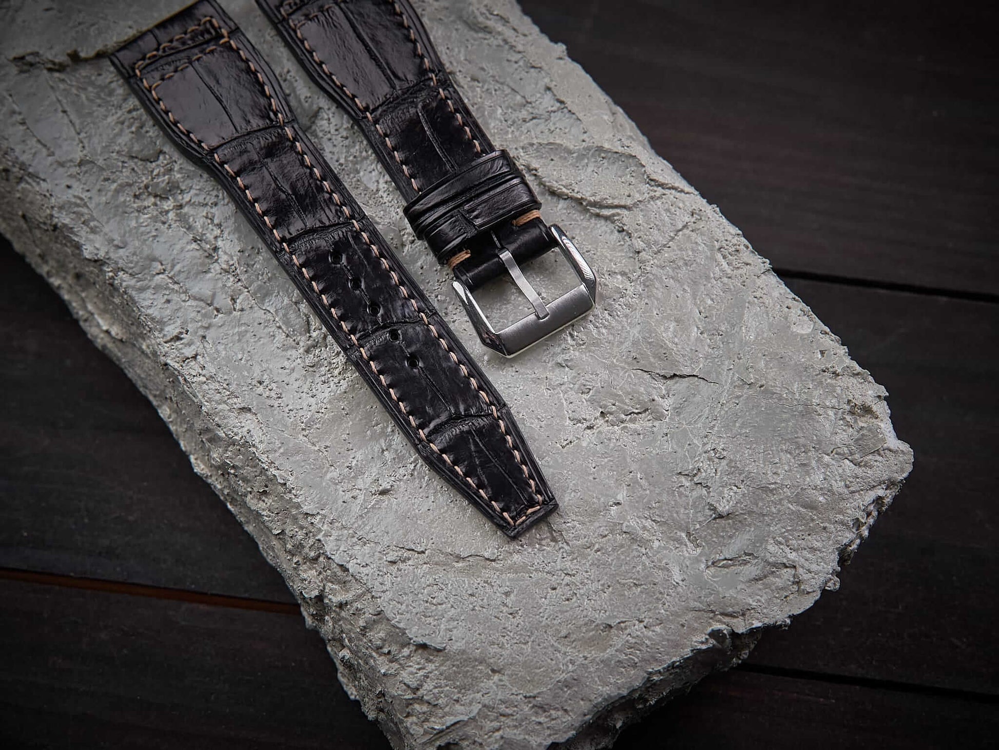 Black alligator leather pilot strap. Customizable IWC strap.-2 Moons Leather