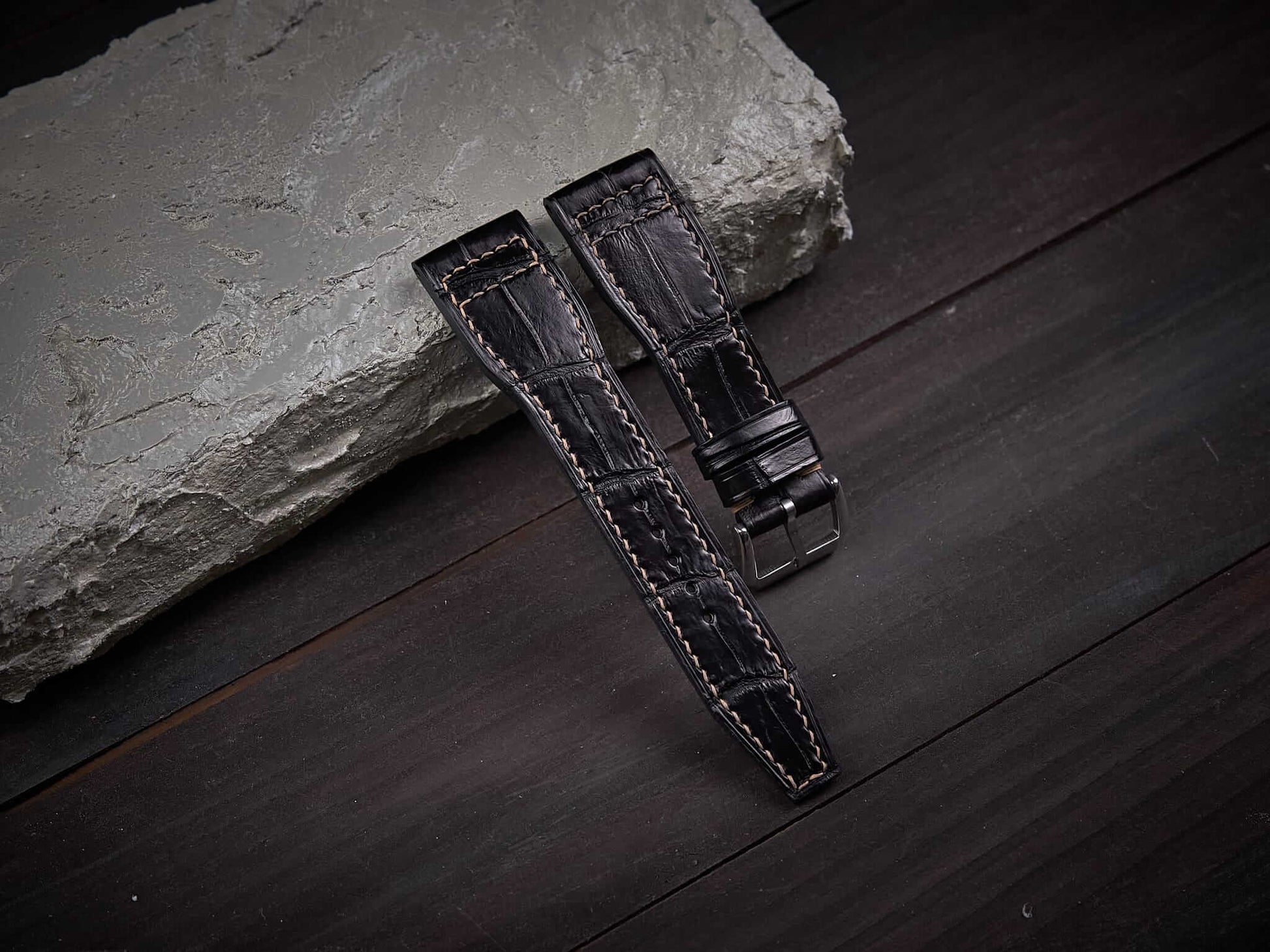 Black alligator leather pilot strap. Customizable IWC strap.-2 Moons Leather