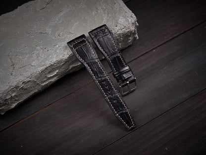 Black alligator leather pilot strap. Customizable IWC strap.-2 Moons Leather