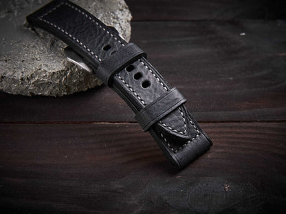 Black buttero leather Panerai strap. Customizable size and details.-2 Moons Leather