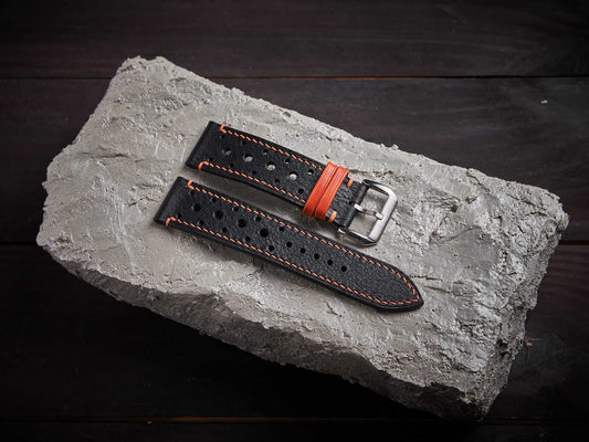Black mix orange vachetta leather rally strap. Customizable size and details.-2 Moons Leather