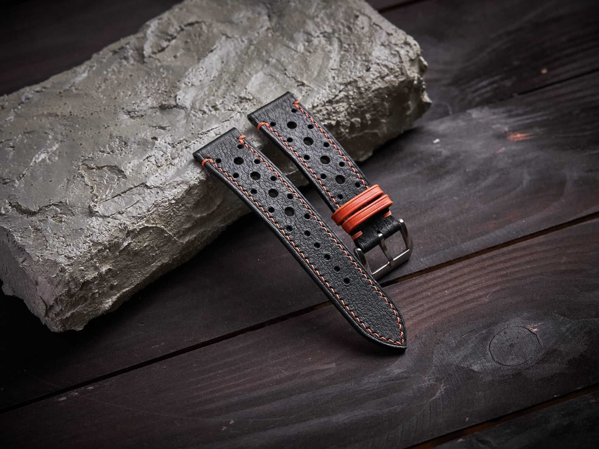 Black mix orange vachetta leather rally strap. Customizable size and details.-2 Moons Leather