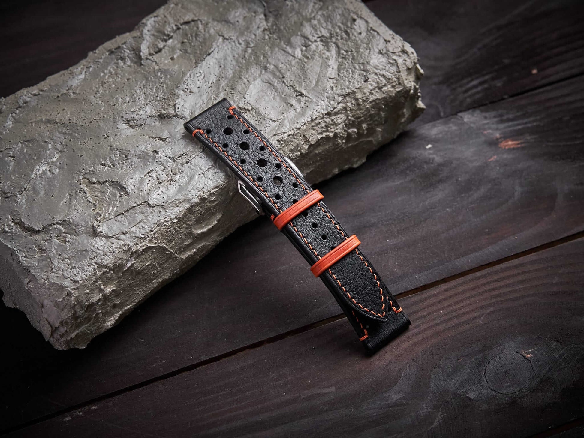 Black mix orange vachetta leather rally strap. Customizable size and details.-2 Moons Leather
