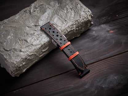 Black mix orange vachetta leather rally strap. Customizable size and details.-2 Moons Leather