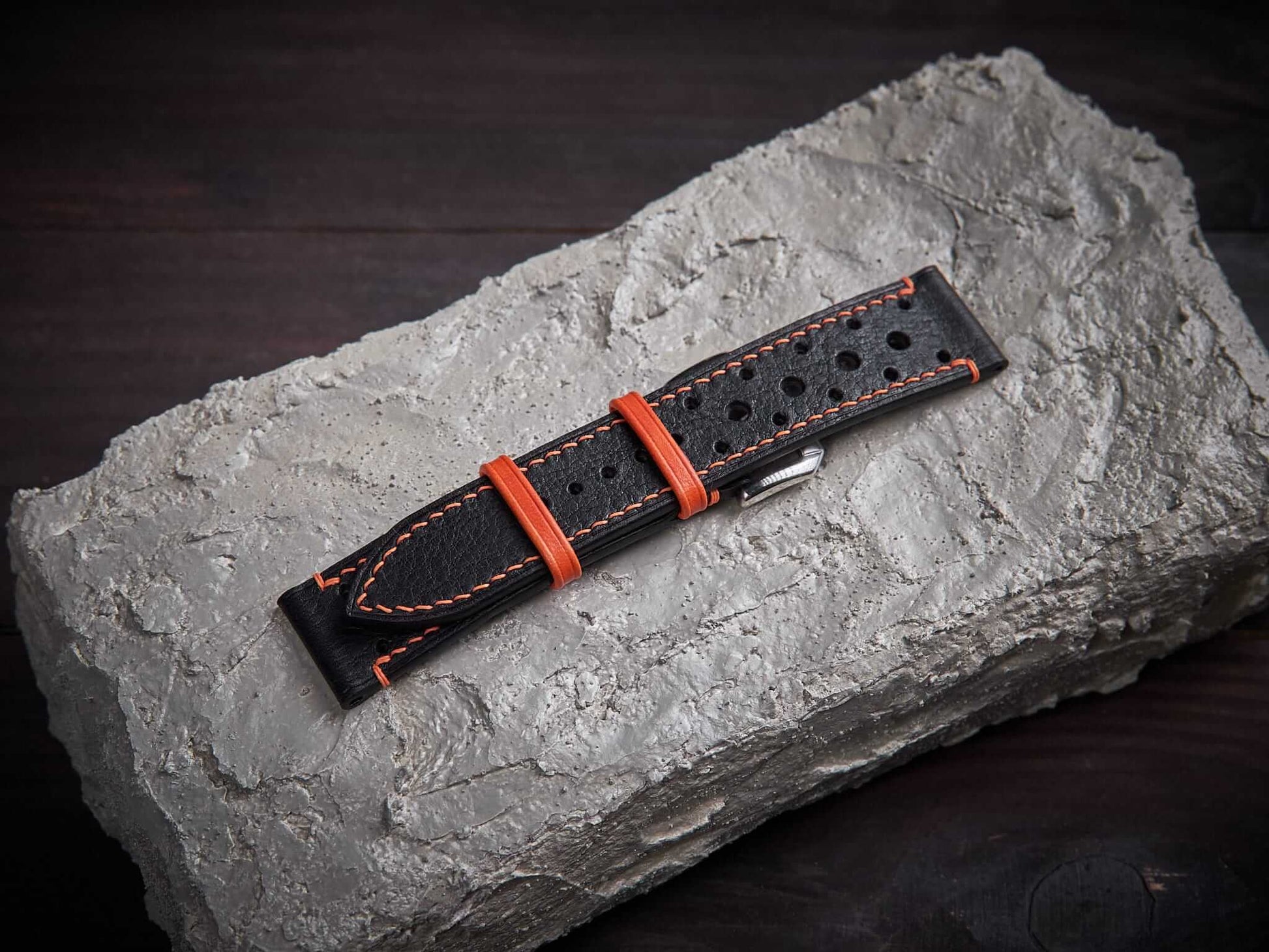 Black mix orange vachetta leather rally strap. Customizable size and details.-2 Moons Leather