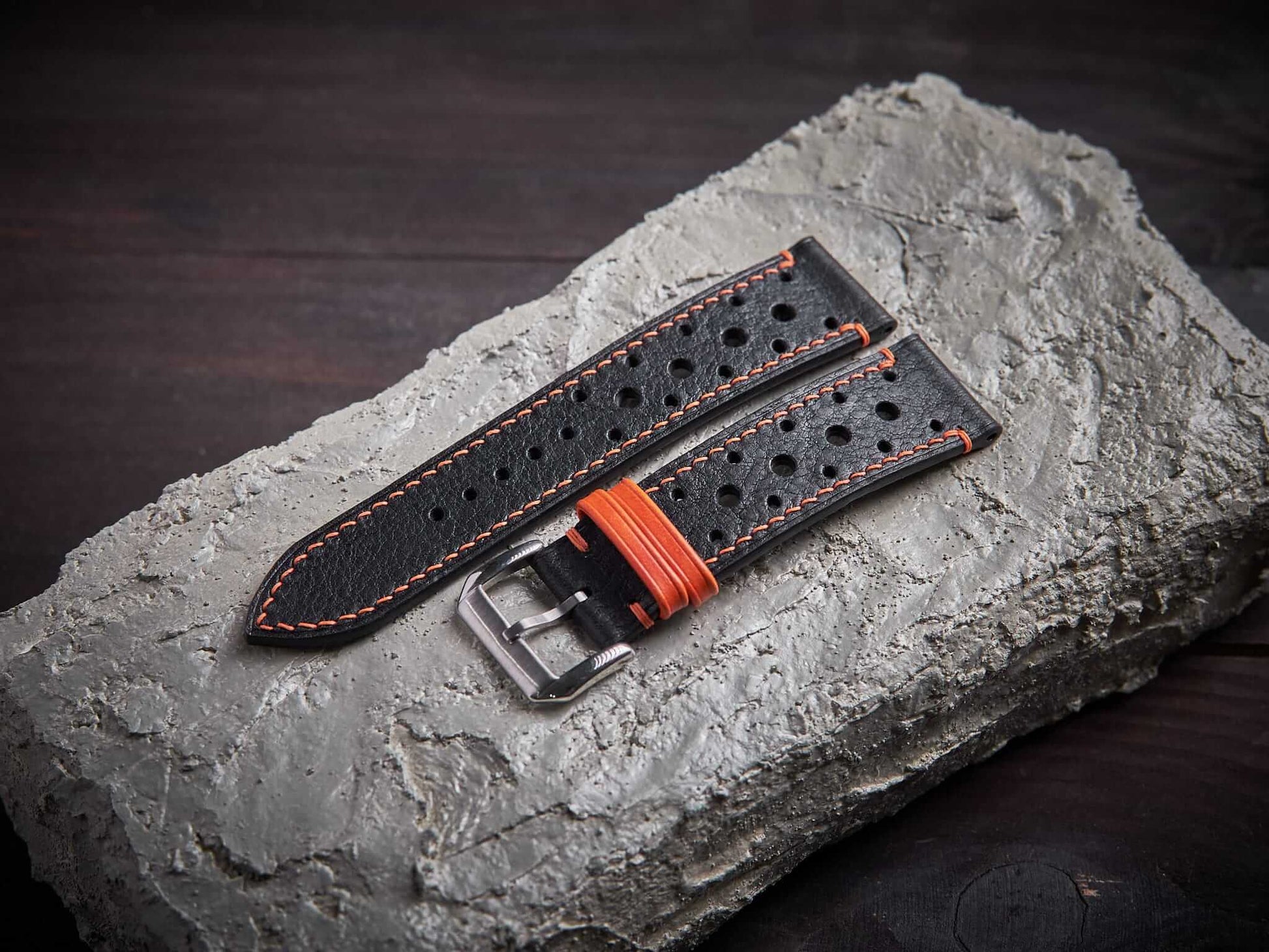Black mix orange vachetta leather rally strap. Customizable size and details.-2 Moons Leather