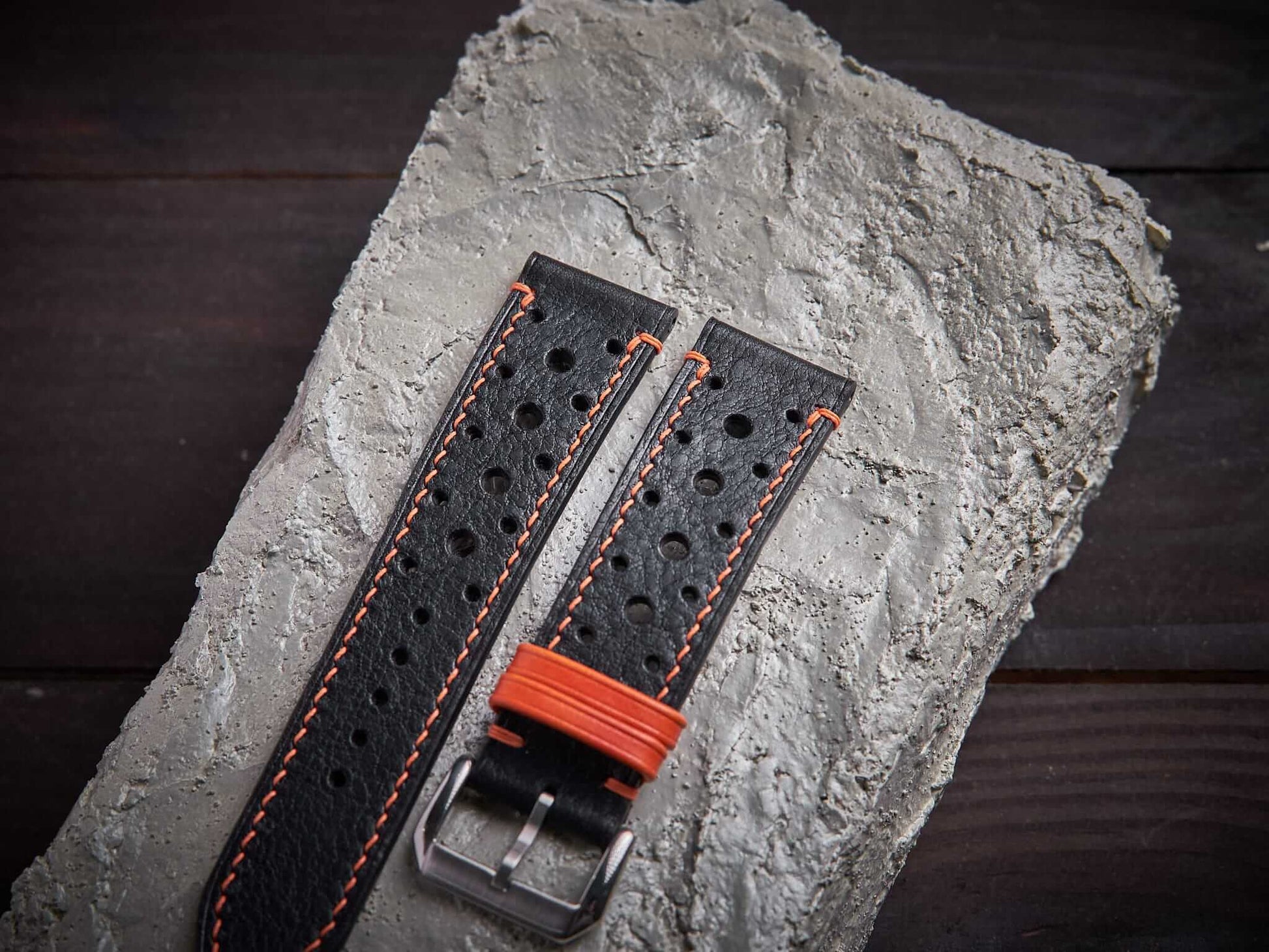 Black mix orange vachetta leather rally strap. Customizable size and details.-2 Moons Leather