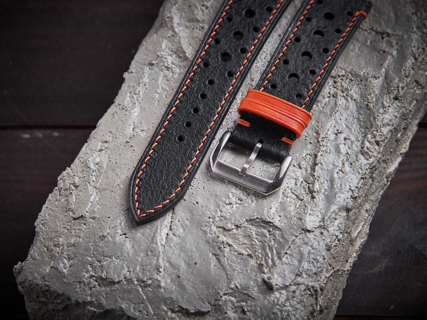 Black mix orange vachetta leather rally strap. Customizable size and details.-2 Moons Leather