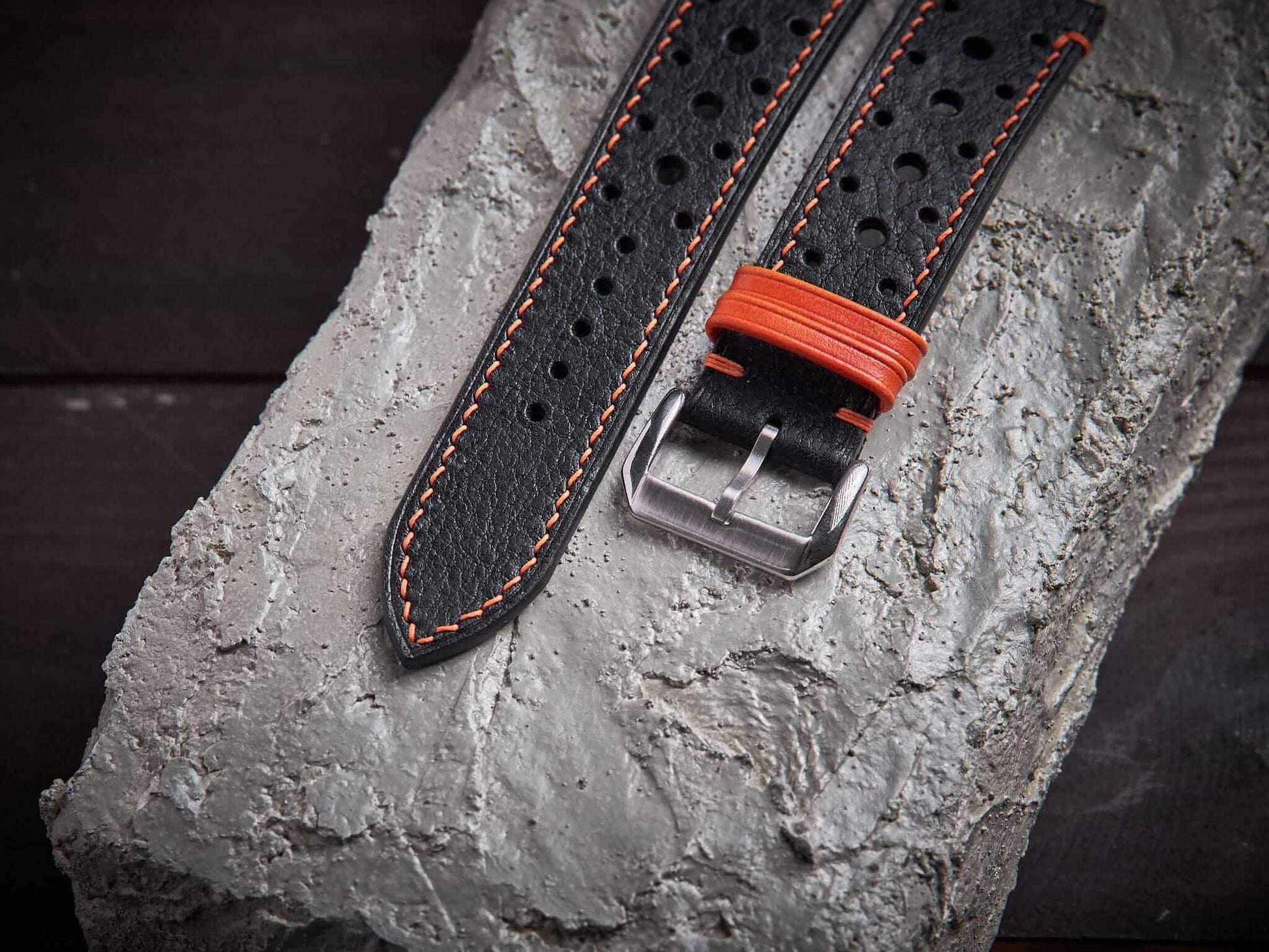 Black mix orange vachetta leather rally strap. Customizable size and details.-2 Moons Leather
