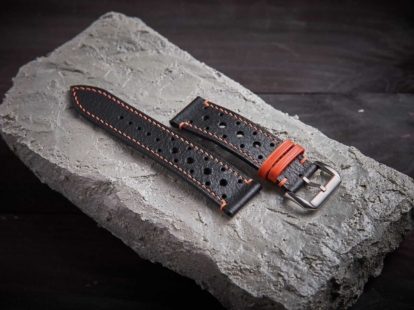 Black mix orange vachetta leather rally strap. Customizable size and details.-2 Moons Leather