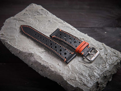 Black mix orange vachetta leather rally strap. Customizable size and details.-2 Moons Leather