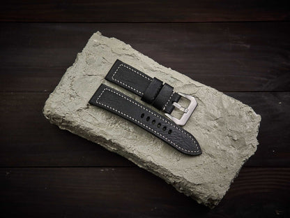 Black vachetta leather Panerai strap. Customizable size and details.-2 Moons Leather