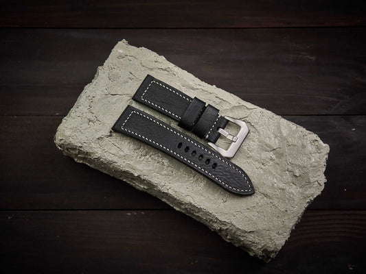 Black vachetta leather Panerai strap. Customizable size and details.-2 Moons Leather
