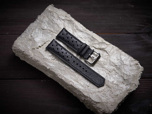 Black vachetta leather rally strap. Customizable size and details.-2 Moons Leather
