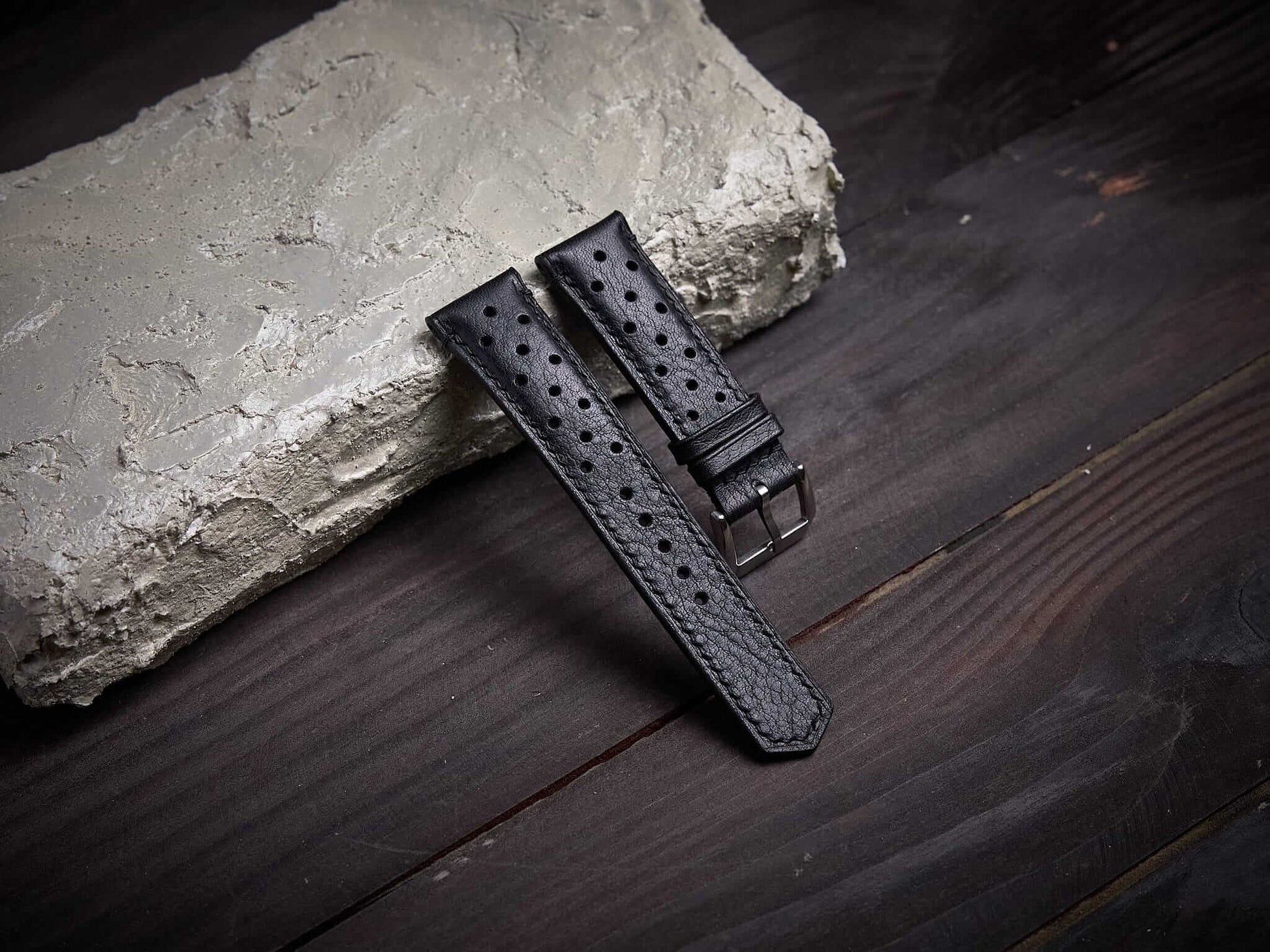 Black vachetta leather rally strap. Customizable size and details.-2 Moons Leather