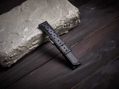 Black vachetta leather rally strap. Customizable size and details.-2 Moons Leather