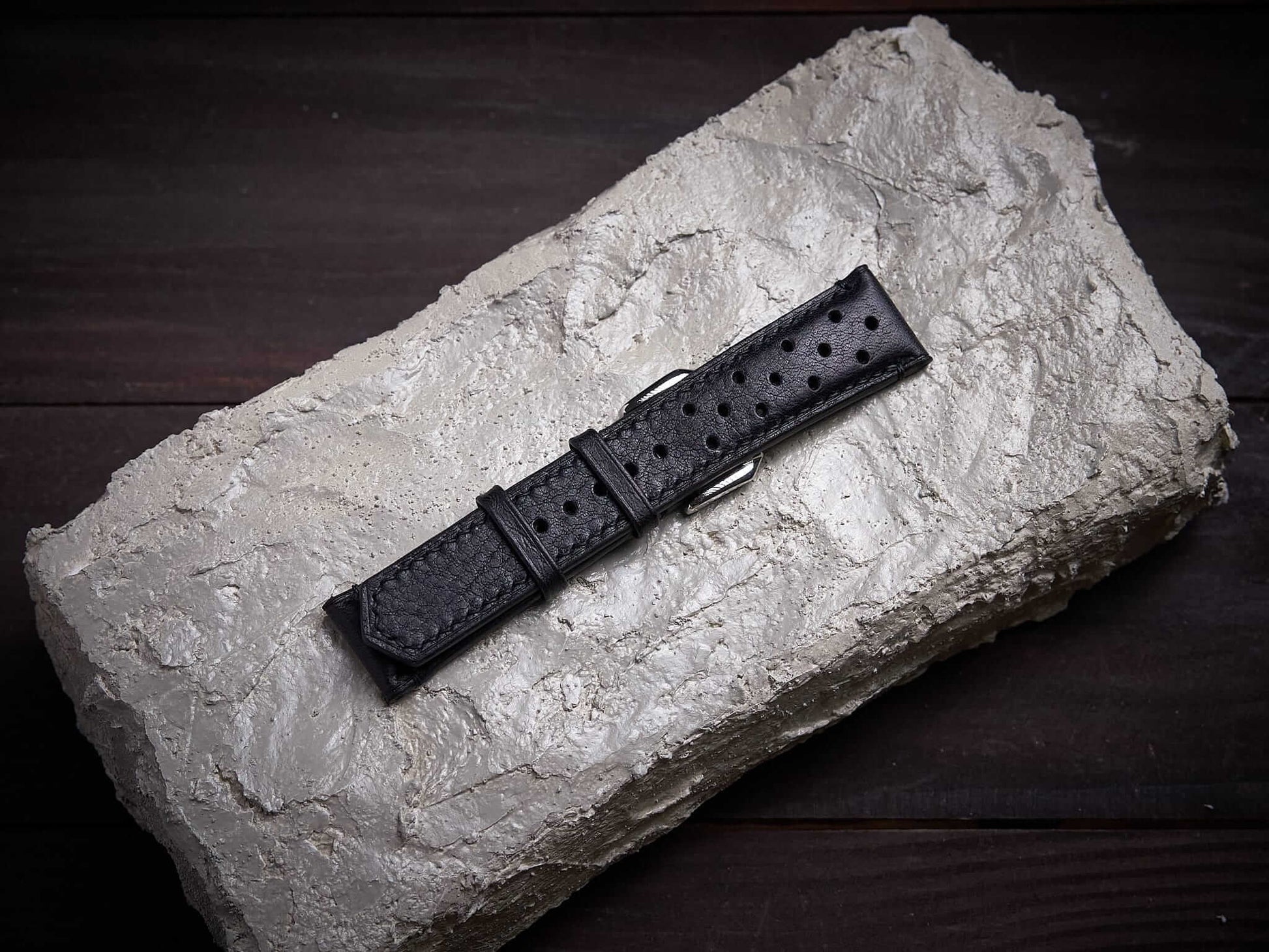 Black vachetta leather rally strap. Customizable size and details.-2 Moons Leather