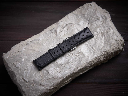 Black vachetta leather rally strap. Customizable size and details.-2 Moons Leather