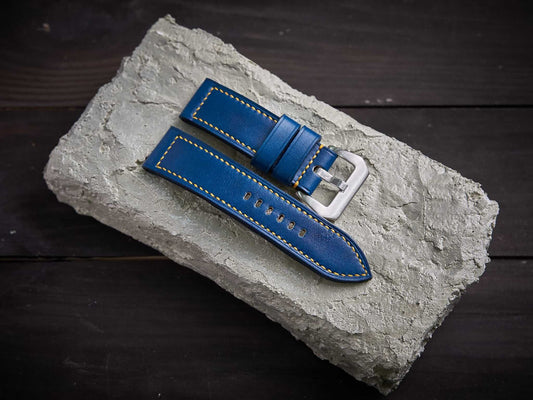 Blue veg tan leather Panerai strap with yellow stitch. Customizable size and details.-2 Moons Leather