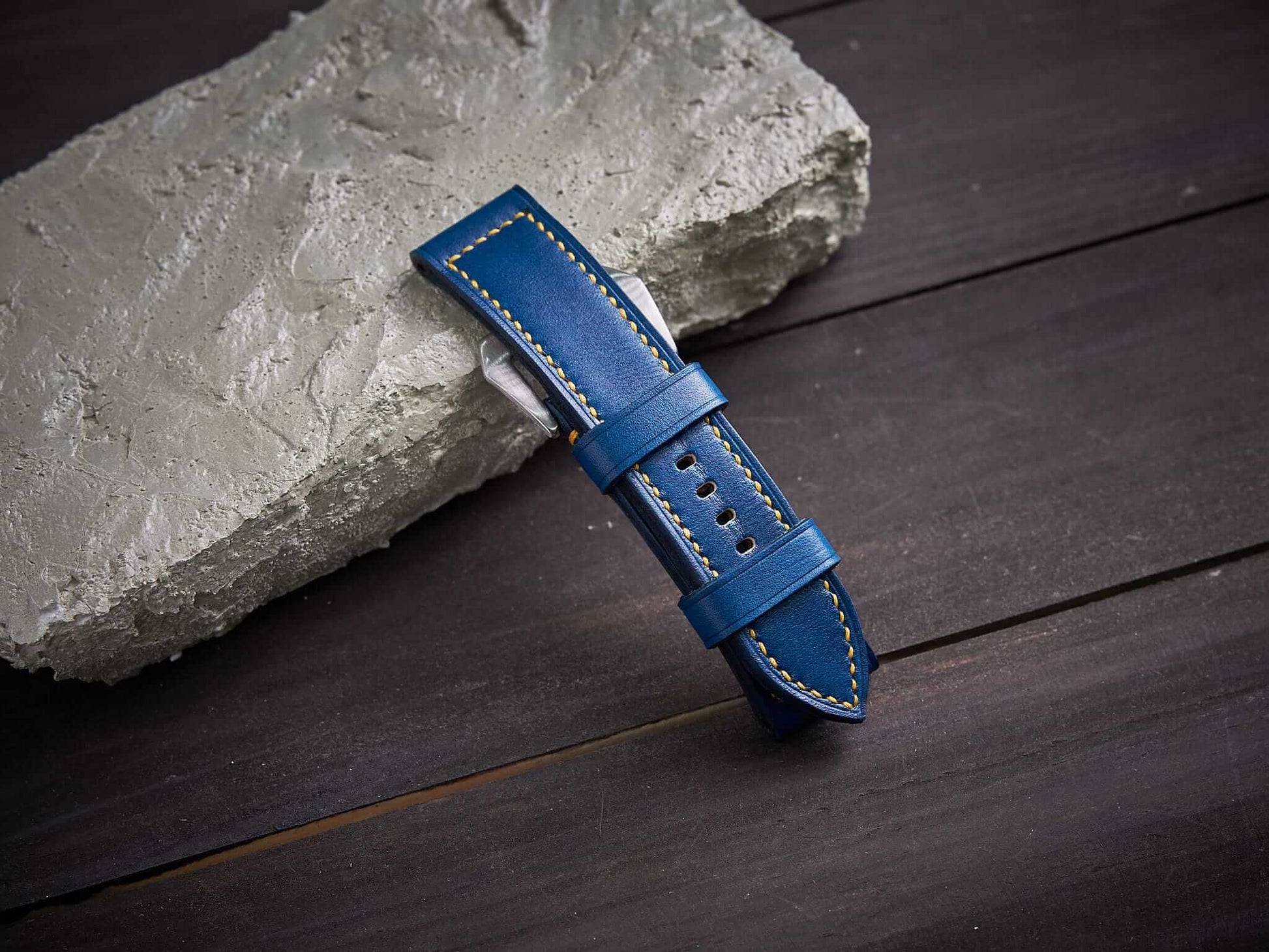 Blue veg tan leather Panerai strap with yellow stitch. Customizable size and details.-2 Moons Leather