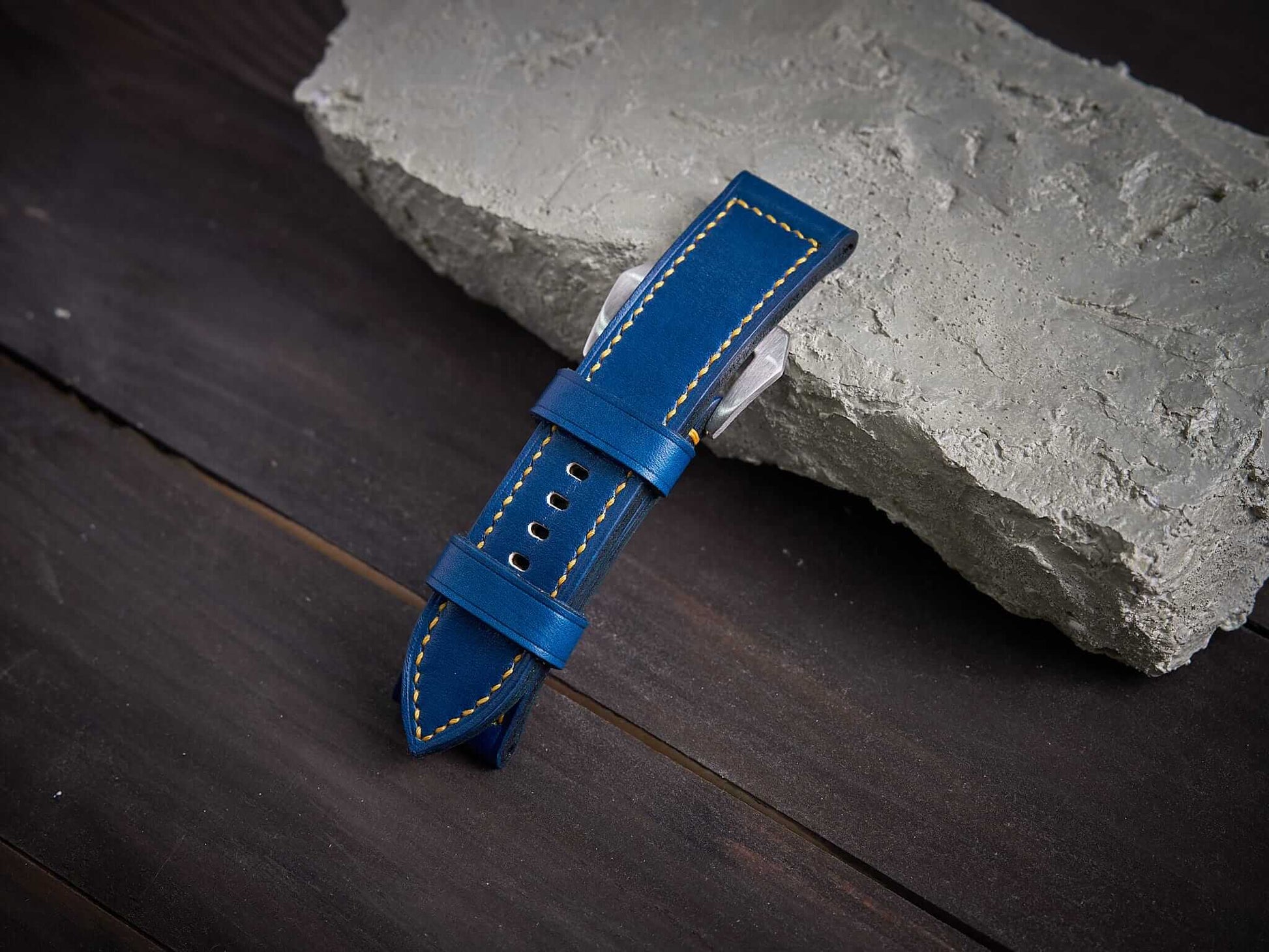 Blue veg tan leather Panerai strap with yellow stitch. Customizable size and details.-2 Moons Leather