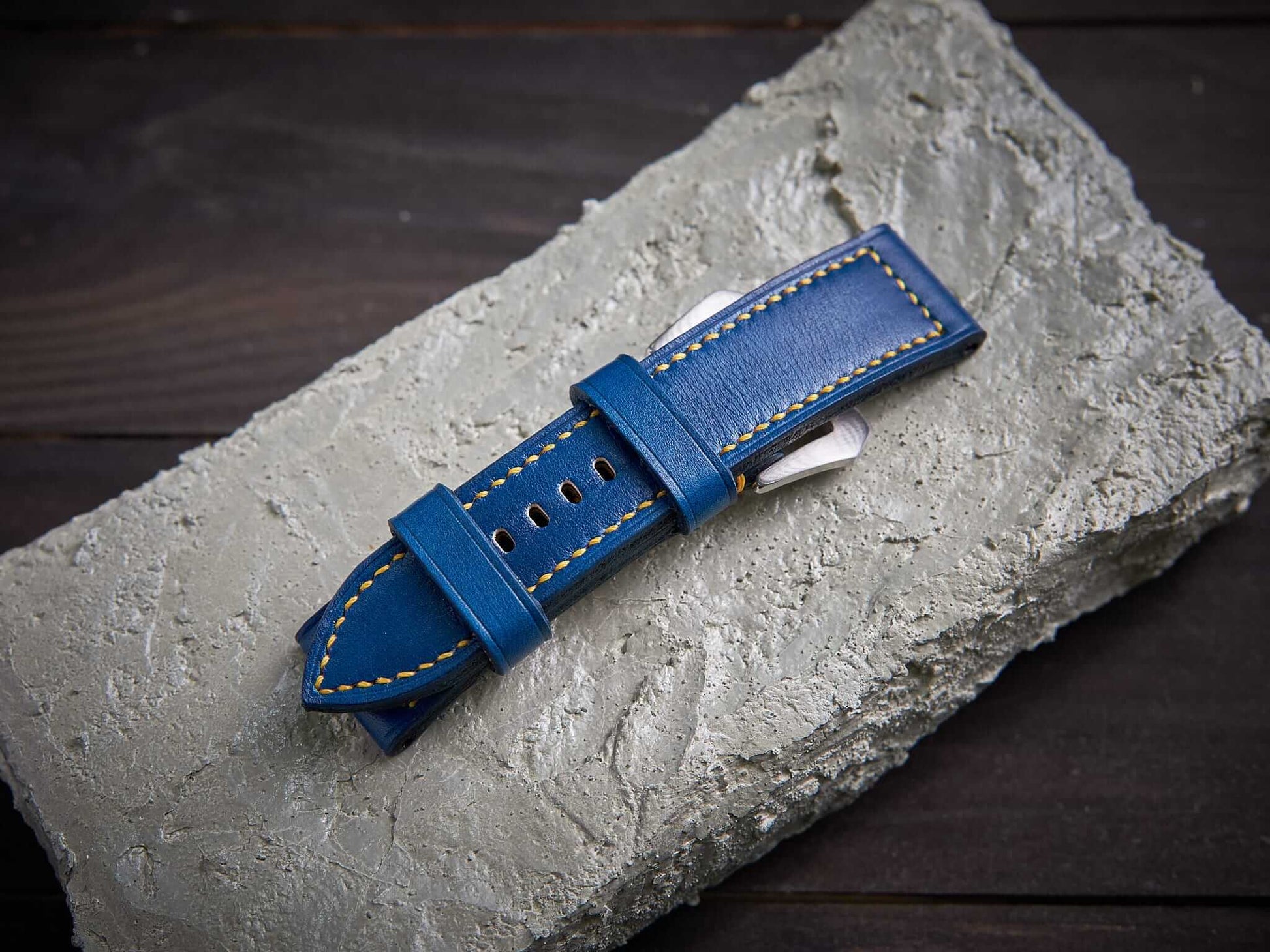 Blue veg tan leather Panerai strap with yellow stitch. Customizable size and details.-2 Moons Leather
