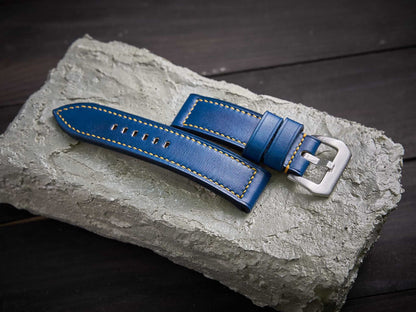 Blue veg tan leather Panerai strap with yellow stitch. Customizable size and details.-2 Moons Leather
