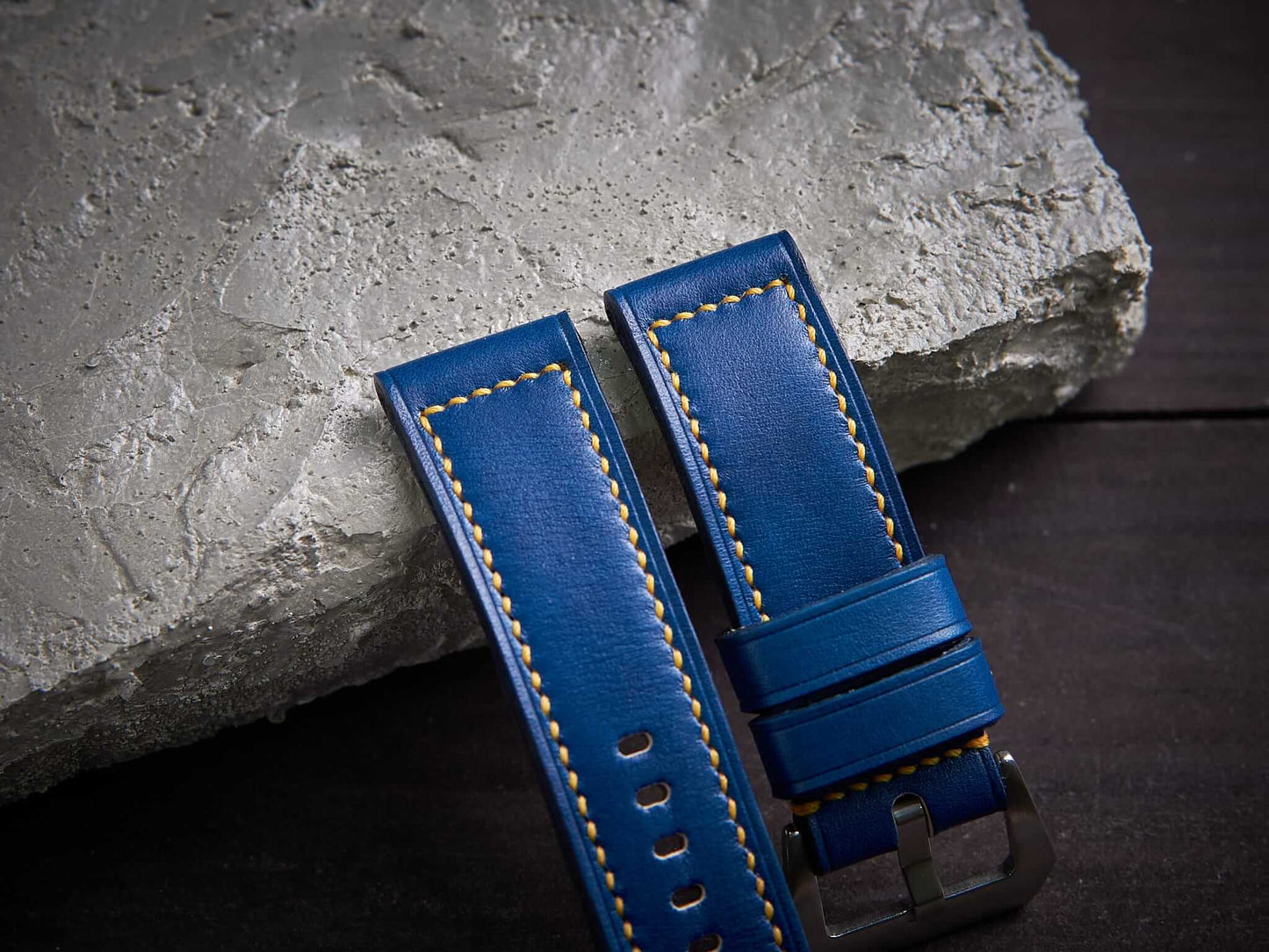 Blue veg tan leather Panerai strap with yellow stitch. Customizable size and details.-2 Moons Leather