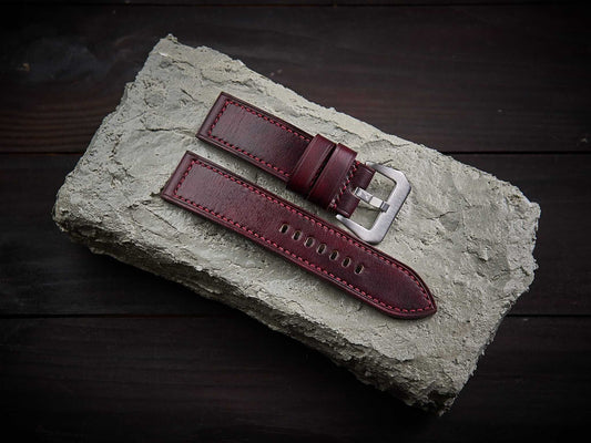 Bordeaux red veg tan leather Panerai strap. Customizable size and details.-2 Moons Leather