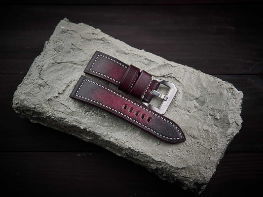 Patina bordeaux veg tan leather Panerai strap. Customizable size and details.-2 Moons Leather