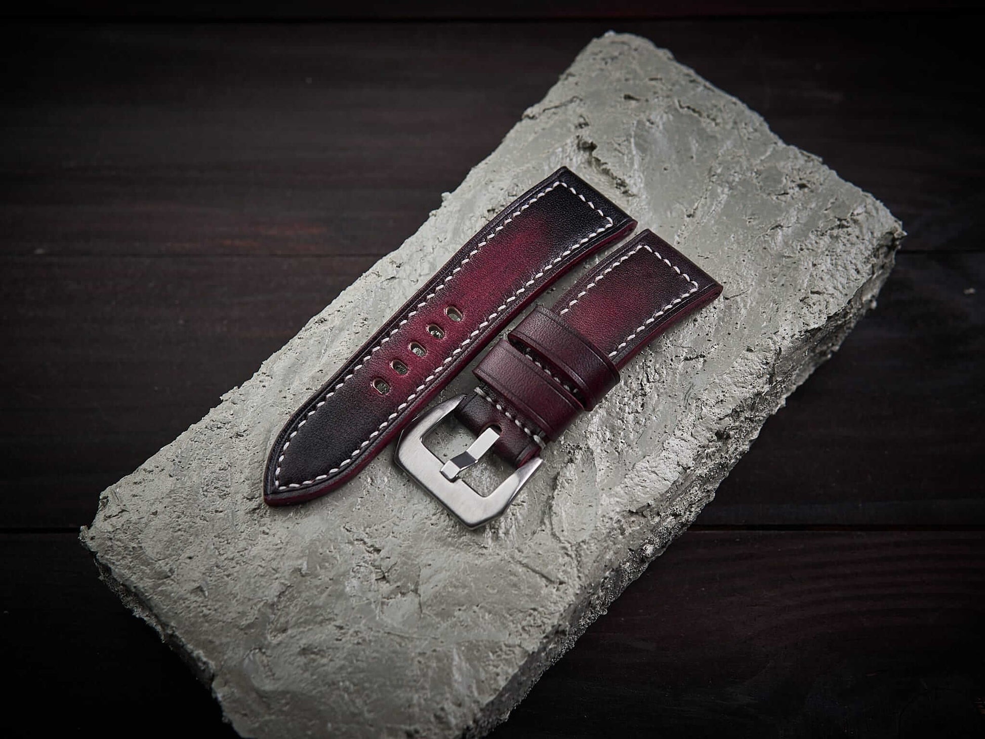 Patina bordeaux veg tan leather Panerai strap. Customizable size and details.-2 Moons Leather