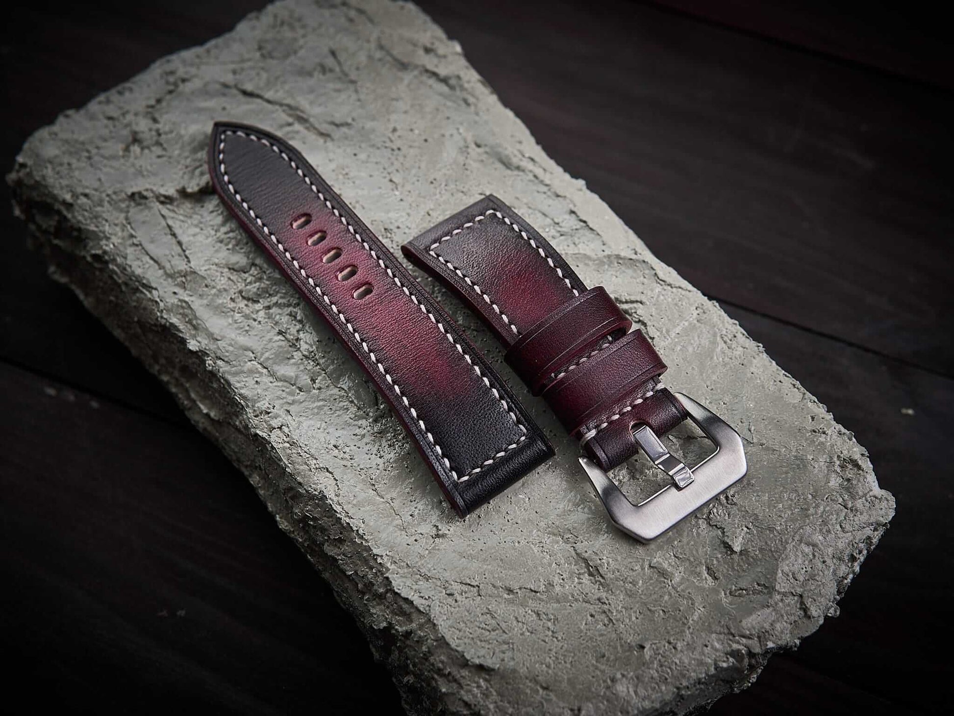 Patina bordeaux veg tan leather Panerai strap. Customizable size and details.-2 Moons Leather