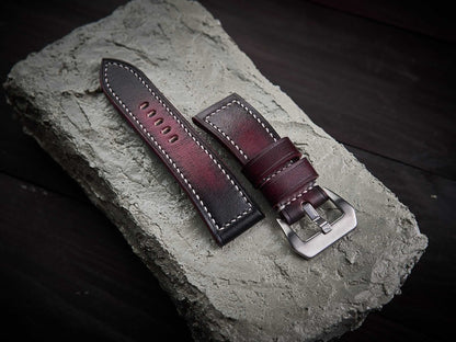 Patina bordeaux veg tan leather Panerai strap. Customizable size and details.-2 Moons Leather
