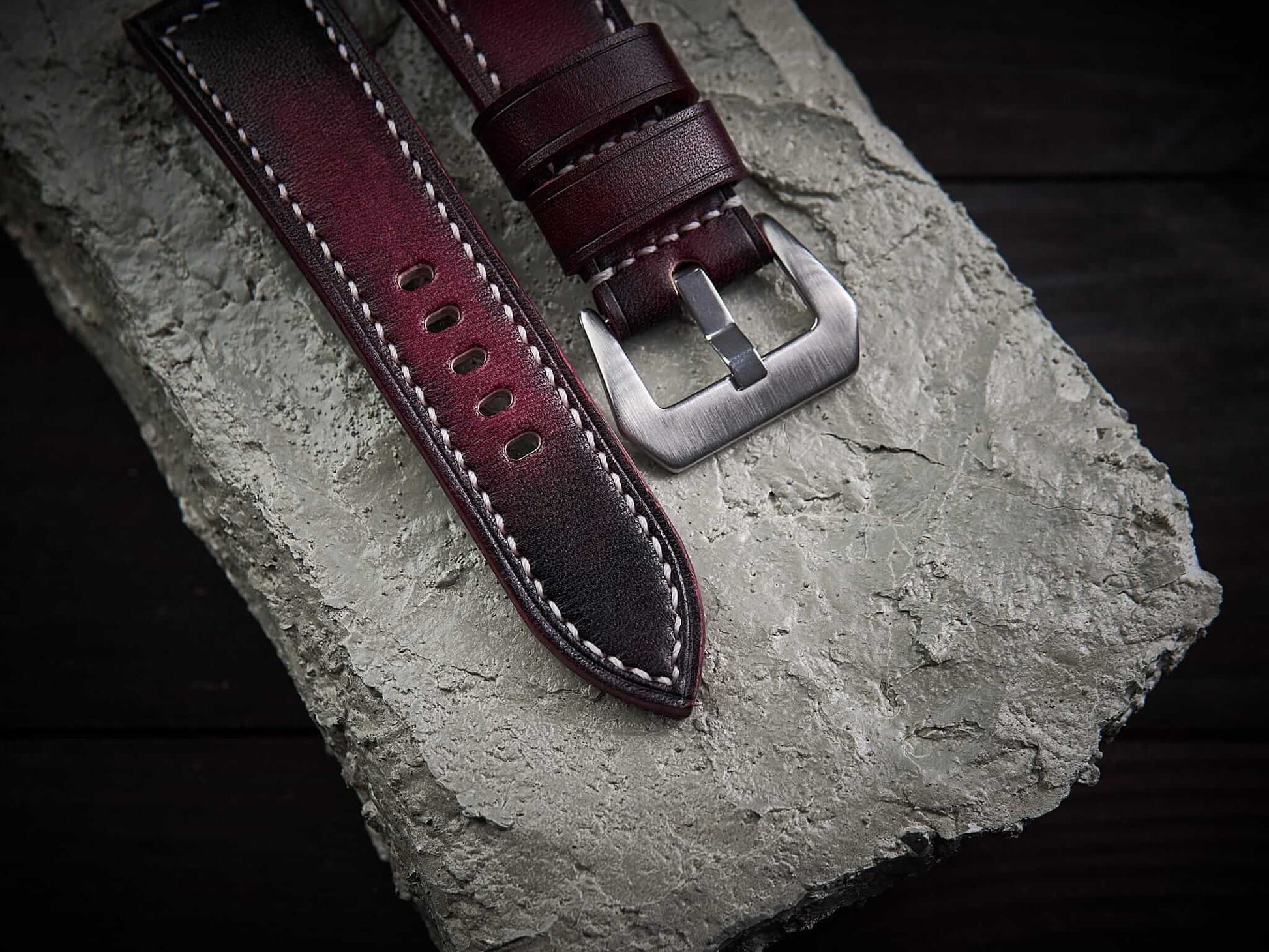 Patina bordeaux veg tan leather Panerai strap. Customizable size and details.-2 Moons Leather