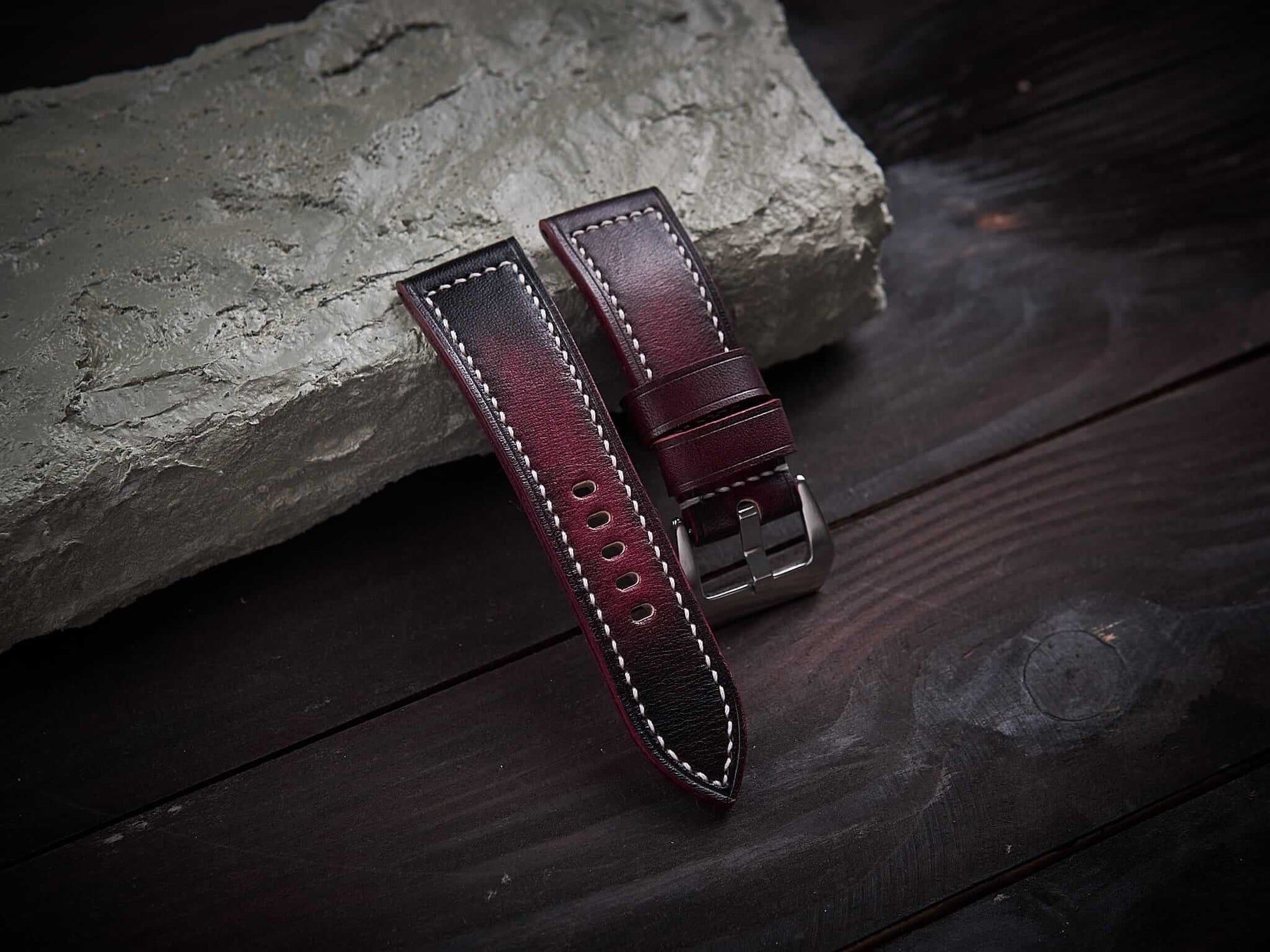 Patina bordeaux veg tan leather Panerai strap. Customizable size and details.-2 Moons Leather