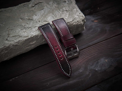 Patina bordeaux veg tan leather Panerai strap. Customizable size and details.-2 Moons Leather