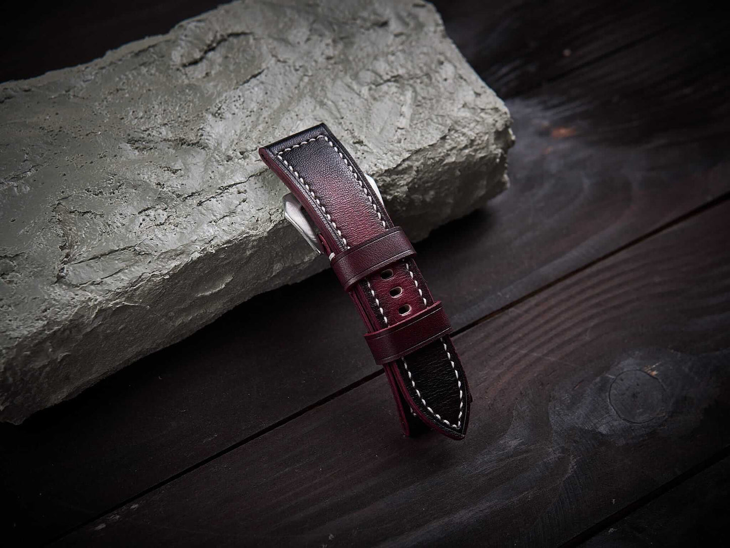 Patina bordeaux veg tan leather Panerai strap. Customizable size and details.-2 Moons Leather